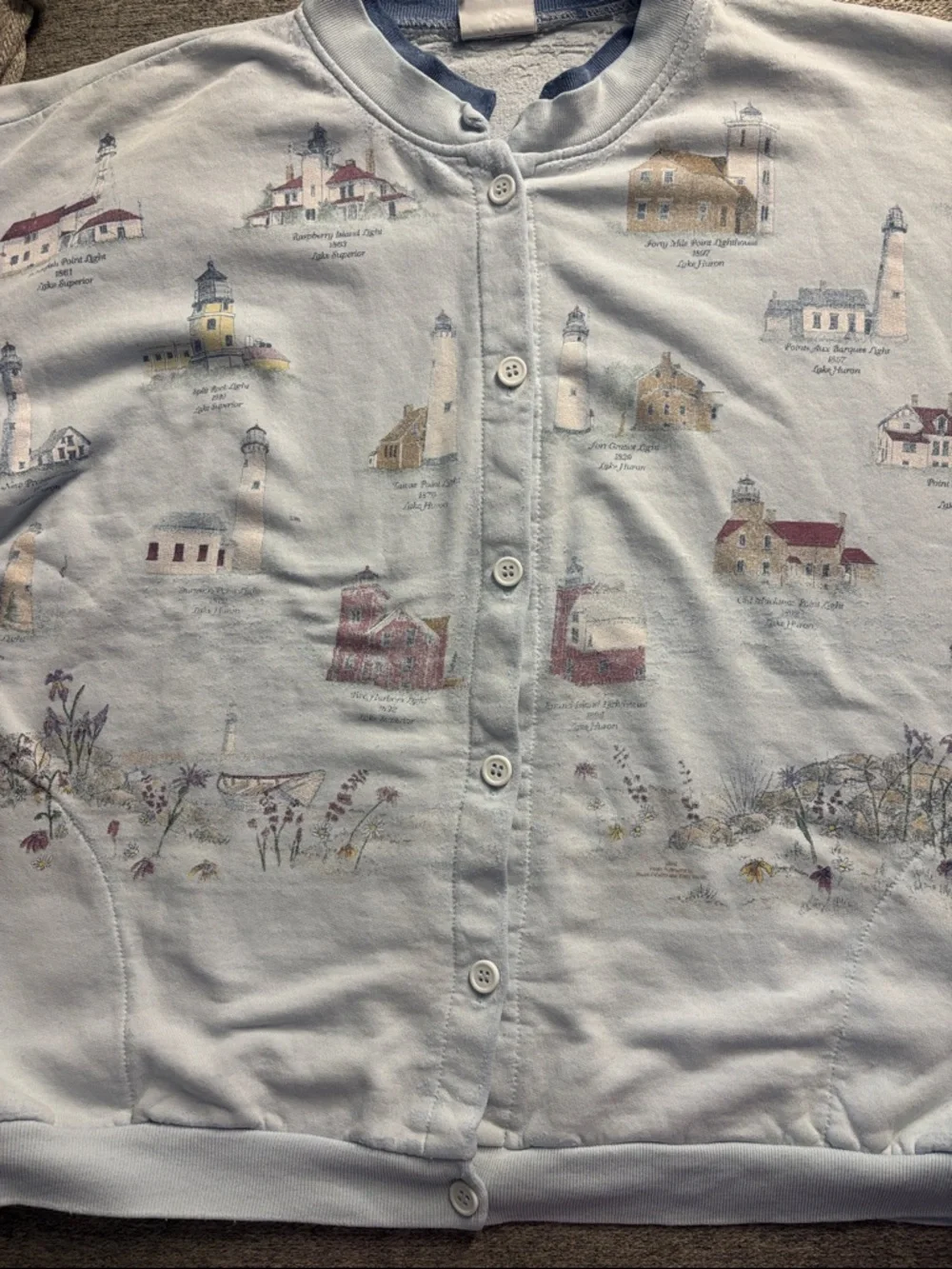 Vintage Lighthouse Print Button-Up Sweatshirt – Soft Coastal Graphic - Picture 5 of 5